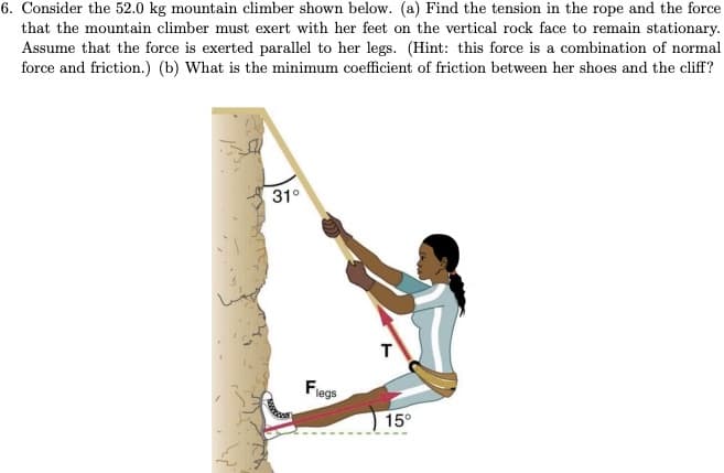 6. Consider the 52.0 kg mountain climber shown below. (a) Find the tension in the rope and the force
that the mountain climber must exert with her feet on the vertical rock face to remain stationary.
Assume that the force is exerted parallel to her legs. (Hint: this force is a combination of normal
force and friction.) (b) What is the minimum coefficient of friction between her shoes and the cliff?
31°
T
Fie
legs
15°
