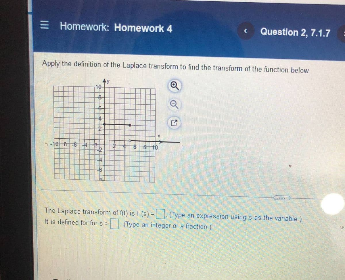 E Homework: Homework 4
Question 2, 7.1.7
Apply the definition of the Laplace transform to find the transform of the function below.
Ay
10
5 -10-8-8
10
-4-
The Laplace transform of f(t) is F(s) = (Type an expression using s as the variable.)
It is defined for for s >
(Type an integer or a fraction)
