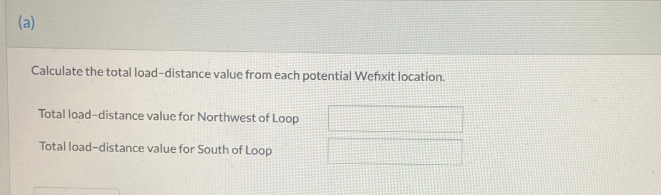 (a)
Calculate the total load-distance value fromeach potential Wefixit location.
Total load-distance value for Northwest of Loop
Total load-distance value for South of Loop
