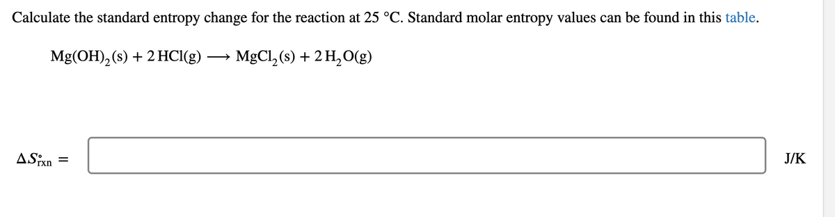 Calculate the standard entropy change for the reaction at 25 °C. Standard molar entropy values can be found in this table.
Mg(OH), (s) + 2HCI(g)
MgCl, (s) + 2 H,0(g)
>
J/K
ASixn

