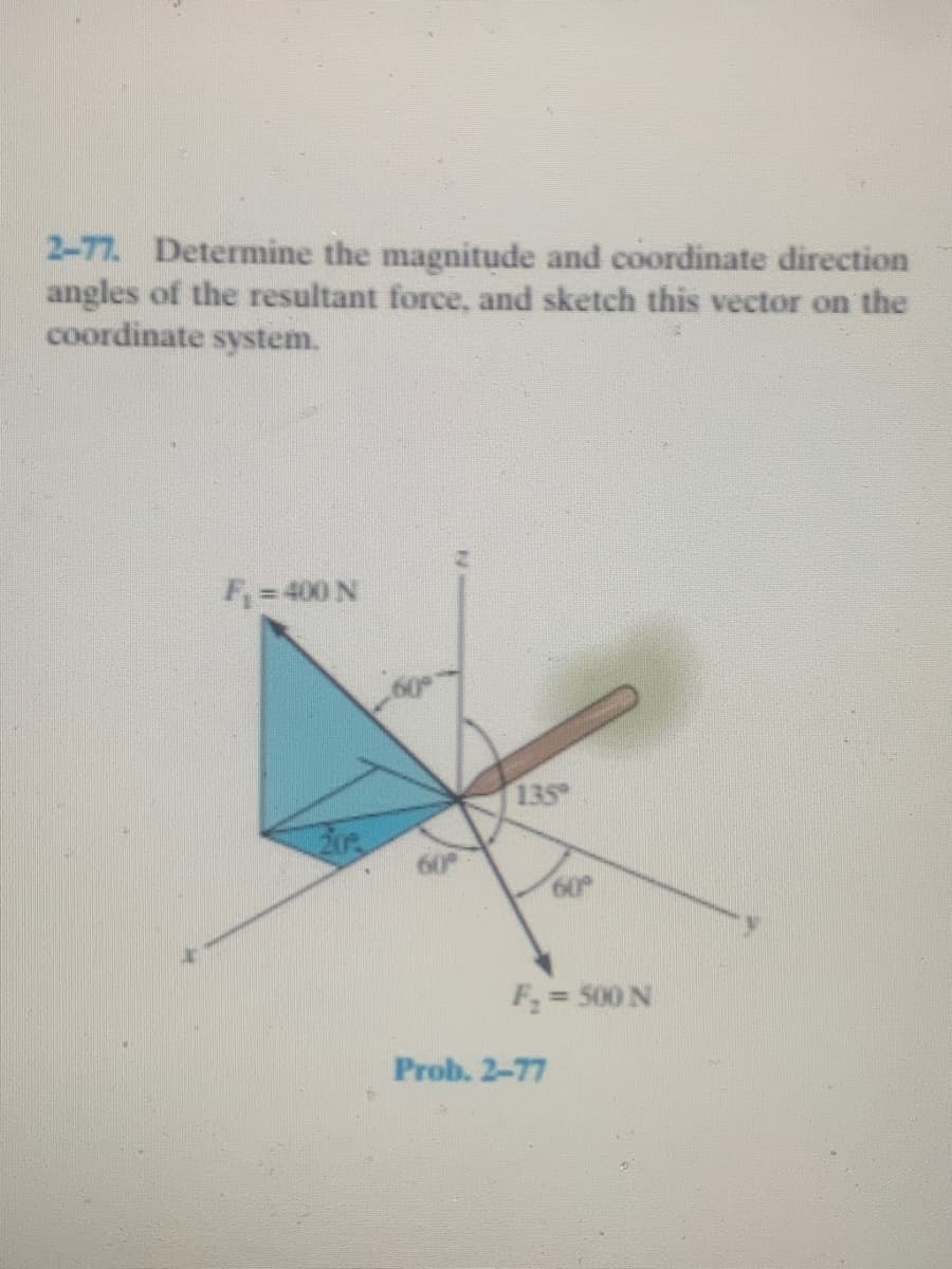 2-77. Determine the magnitude and coordinate direction
angles of the resultant force, and sketch this vector on the
coordinate system.
F=400 N
135
60°
60°
F = 500 N
Prob. 2-77
