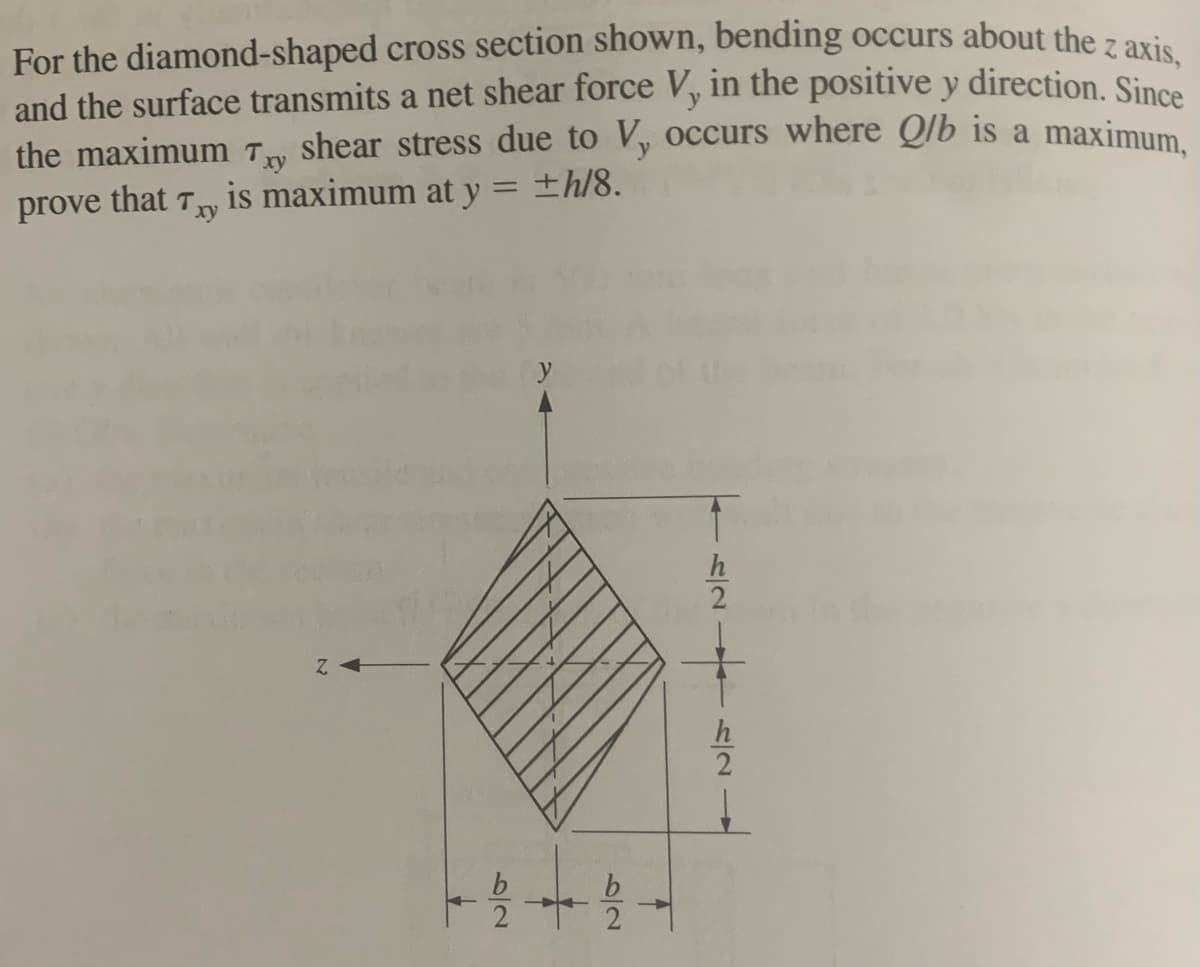 For the diamond-shaped cross section shown, bending occurs about the z axis,
and the surface transmits a net shear force V, in the positive y direction. Since
Txy
shear stress due to V, occurs where Q/b is a maximum,
is maximum at y = ±h/8.
the maximum
Txy
prove that
Z
T