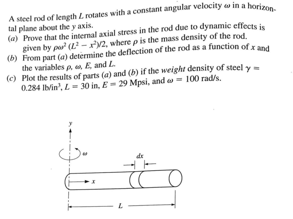 A steel rod of length L rotates with a constant angular velocity w in a horizon-
tal plane about the y axis.
(a) Prove that the internal axial stress in the rod due to dynamic effects is
given by pw² (L² - x²)/2, where p is the mass density of the rod.
(b) From part (a) determine the deflection of the rod as a function of x and
the variables p, w, E, and L.
(c) Plot the results of parts (a) and (b) if the weight density of steel y =
0.284 lb/in³, L = 30 in, E = 29 Mpsi, and w = 100 rad/s.
X
dx