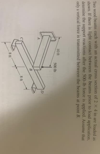 Two wood beams each with an actual cross section of 2 X 4 in are loaded as
shown. If there is light contact between the beams prior to load application,
determine the support reactions after the 500-lb force is applied. Assume that
only a vertical force is transmitted between the beams at point B.
10 ft
8 ft
500 lb
B
.8 ft