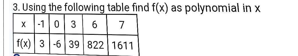 3. Using the following table find f(x) as polynomial in x
0| 3 6||
-1
f(x) | 3 -6 39 822 1611
