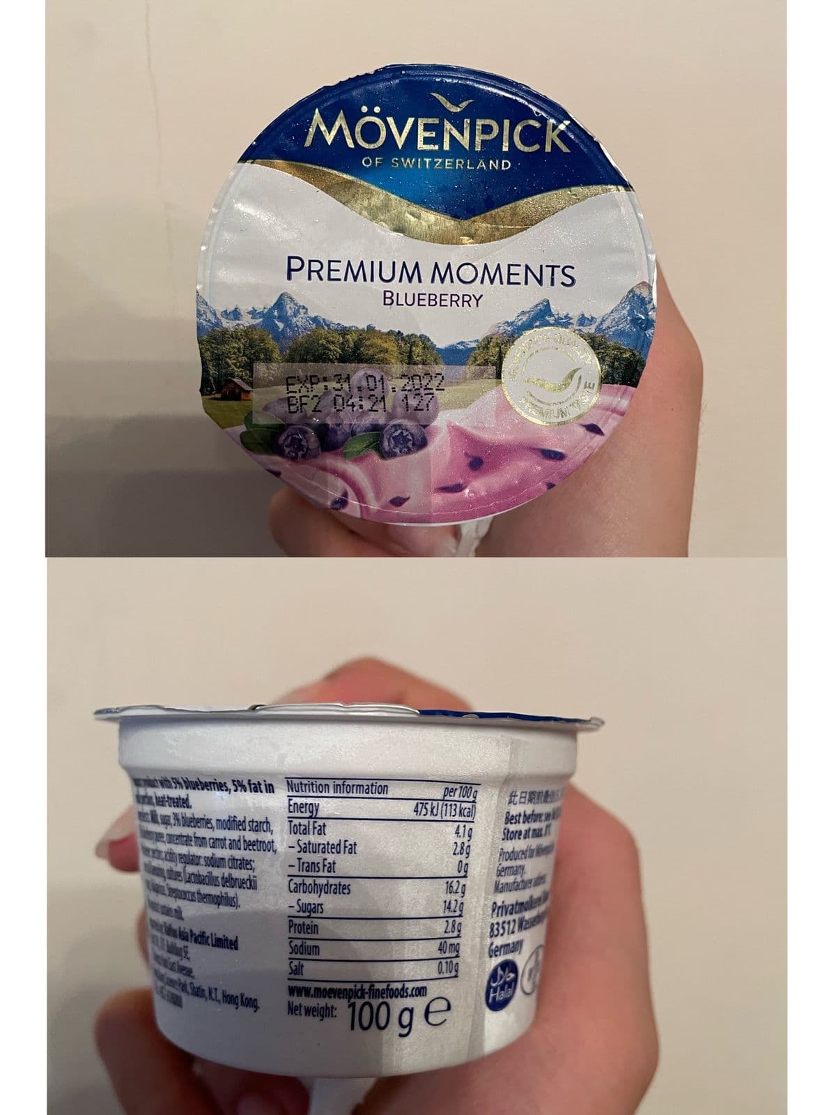 NOVENPICK
OF SWITZERLAND
PREMIUM MOMENTS
BLUEBERRY
EXP:31.01.202
BF2 04:21 127
UN
3 lueberries, 5% fat in Nutrition information
ear-reated.
per 100g
475 kJ(113 ka)
此日期
Best before w
iri
ighicderie, modfied sarch, Total Fat
DEtRetfom canot and beetrot, - Saturated Fat
di adator sodum dtrates;
anbealus debruedki
s hemophilus).
Energy
4.1g
Store at ma.
2.89
froduced r
0g
bermary
16.2g
-Trans Fat
Carbohydrates
- Sugars
Protein
Sodium
Salt
Manufaduer
14.2g
Privatmale
28g
83512 Wae
40mg
i afic Limited
Germany
0.10g
San, L, Hong Kong
www.moevenpick-finefoods.com
Net weight:
Hala
100 ge
