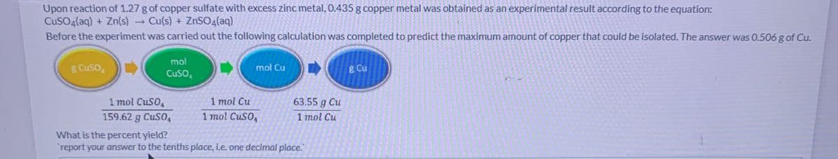 Upon reaction of 1.27 g of copper sulfate with excess zinc metal, 0.435 g copper metal was obtained as an experimental result according to the equation:
CuSO4(aq) + Zn(s) → Cu(s) + ZnSO4(aq)
Before the experiment was carried out the following calculation was completed to predict the maximum amount of copper that could be isolated. The answer was 0.506 g of Cu.
mol
B Cuso,
mol Cu
g Cu
Cuso,
1 mol CuSO,
1 тol Cu
63.55 g Cu
159.62 g CuSO4
1 mol CuSO,
1 тol Cu
What is the percent yield?
report your answer to the tenths place, i.e. one decimal place.
