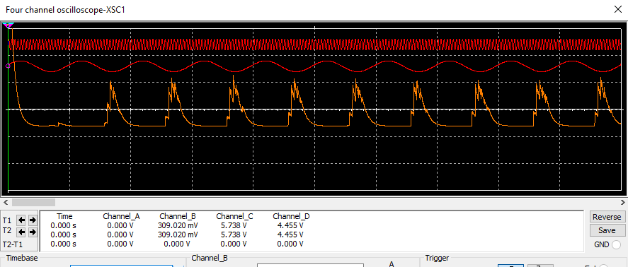 Four channel oscilloscope-XSC1
FF
T2-T1
Timebase
Time
0.000 s
0.000 s
0.000 s
Channel A
0.000 V
0.000 V
0.000 V
Channel B
309.020 mV
309.020 mV
0.000 V
Channel C
5.738 V
5.738 V
0.000 V
Channel B
Channel D
4.455 V
4.455 V
0.000 V
A
Trigger
X
Reverse
Save
GND