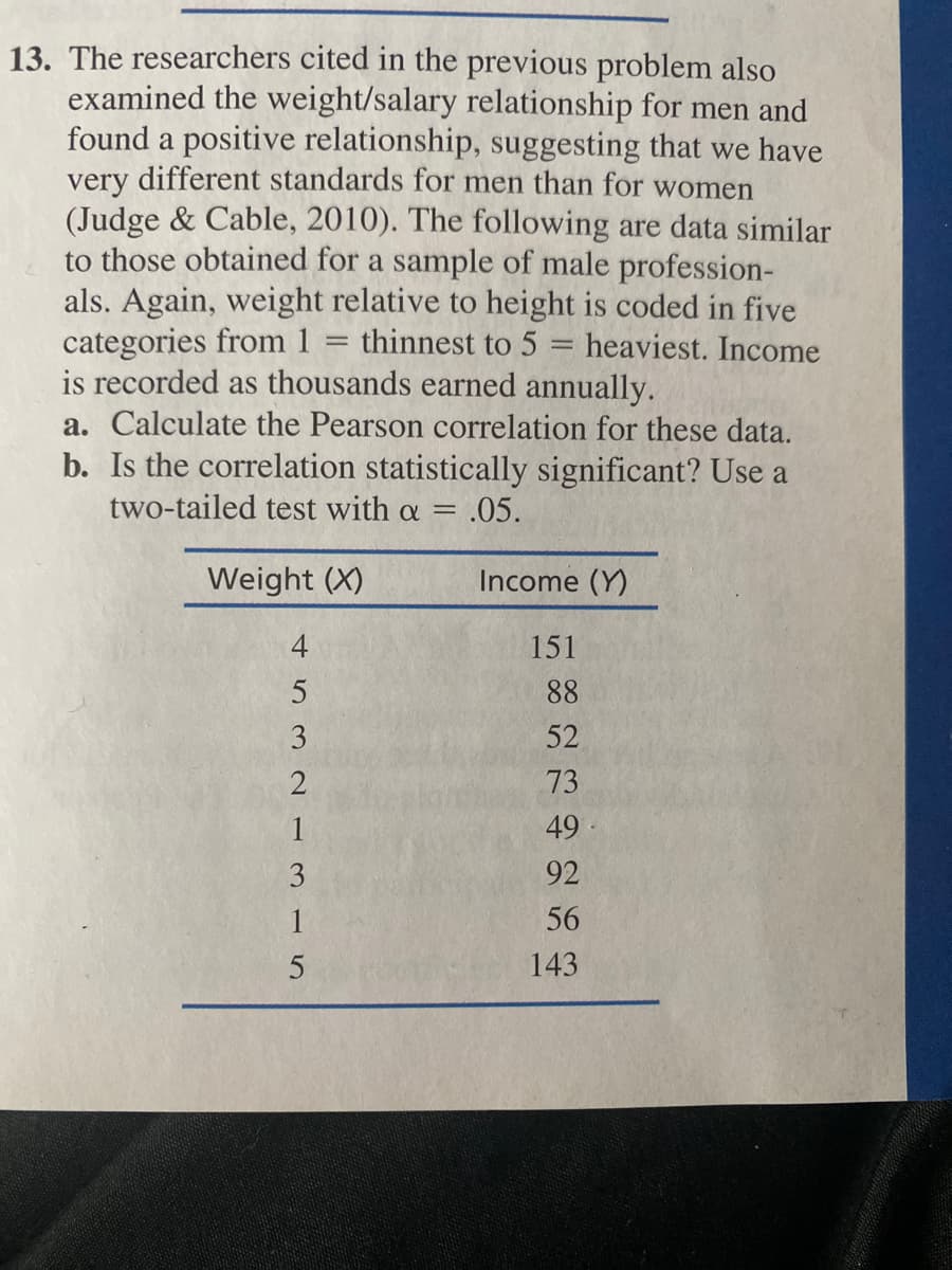 13. The researchers cited in the previous problem also
examined the weight/salary relationship for men and
found a positive relationship, suggesting that we have
very different standards for men than for women
(Judge & Cable, 2010). The following are data similar
to those obtained for a sample of male profession-
als. Again, weight relative to height is coded in five
categories from 1
is recorded as thousands earned annually.
a. Calculate the Pearson correlation for these data.
b. Is the correlation statistically significant? Use a
thinnest to 5 = heaviest. Income
two-tailed test with a = .05.
Weight (X)
Income (Y)
4
151
5
88
3.
52
73
1
49 ·
3
92
1
56
143
