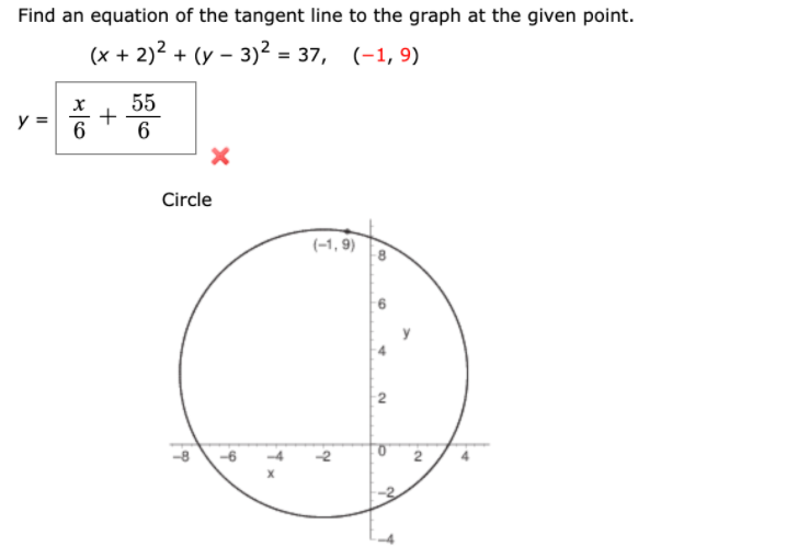 Find an equation of the tangent line to the graph at the given point.
(x + 2)2 + (y – 3)² = 37, (-1, 9)
55
y =
6
Circle
(-1, 9)
8.
-6
2.
2.

