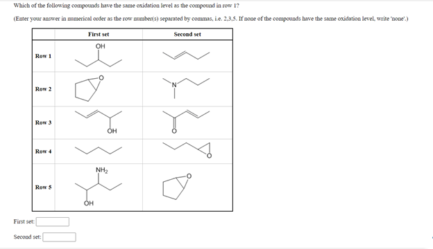 Which of the following compounds have the same oxidation level as the compound in row 1?
(Enter your answer in mumerical order as the row mumber(s) separated by commas, ie. 2,3,5. If none of the compounds have the same oxidation level, write 'none'.)
First set
Second set
OH
Row 1
Row 2
Row 3
OH
Row 4
NH2
Row 5
он
First set:
Second set:
