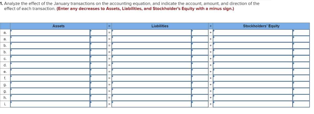 1. Analyze the effect of the January transactions on the accounting equation, and indicate the account, amount, and direction of the
effect of each transaction. (Enter any decreases to Assets, Liabilities, and Stockholder's Equity with a minus sign.)
a.
a.
b.
b.
C.
d.
e.
f.
g.
g.
h.
i.
Assets
=
=
=
=
=
=
Liabilities
+
+
+
+
+
Stockholders' Equity