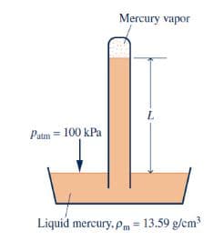 Mercury vapor
L
Patm = 100 kPa
Liquid mercury, Pm = 13.59 g/cm³