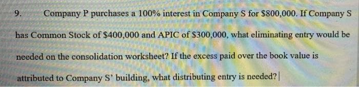 9.
Company P purchases a 100% interest in Company S for $800,000. If Company S
has Common Stock of $400,000 and APIC of $300,000, what eliminating entry would be
needed on the consolidation worksheet? If the excess paid over the book value is
attributed to Company S' building, what distributing entry is needed?|
