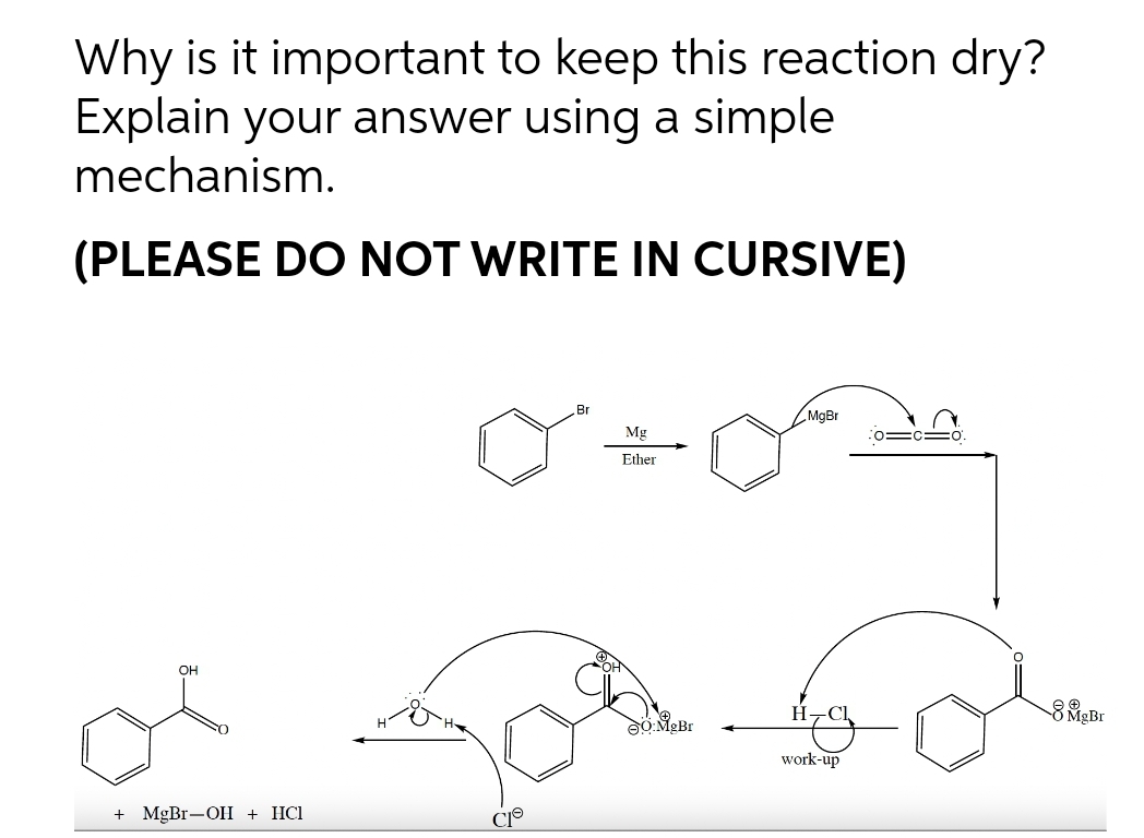 Why is it important to keep this reaction dry?
Explain your answer using a simple
mechanism.
(PLEASE DO NOT WRITE IN CURSIVE)
Br
MgBr
Mg
Ether
OH
8 MgBr
work-up
MgBr—OH + HCІ
