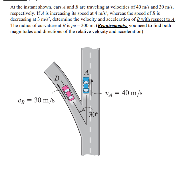 At the instant shown, cars A and B are traveling at velocities of 40 m/s and 30 m/s,
respectively. If A is increasing its speed at 4 m/s², whereas the speed of B is
decreasing at 3 m/s², determine the velocity and acceleration of B with respect to A.
The radius of curvature at B is pB = 200 m. (Requirements: you need to find both
magnitudes and directions of the relative velocity and acceleration)
|
VA 40 m/s
=
VB 30 m/s
=
30°