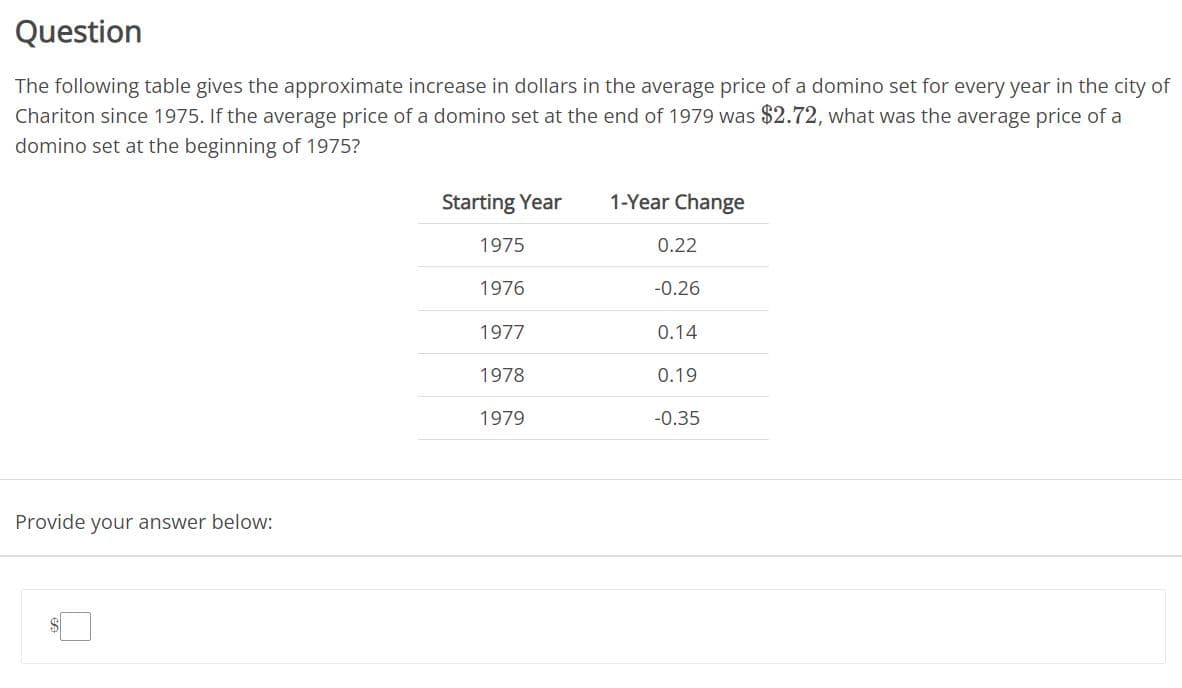 Question
The following table gives the approximate increase in dollars in the average price of a domino set for every year in the city of
Chariton since 1975. If the average price of a domino set at the end of 1979 was $2.72, what was the average price of a
domino set at the beginning of 1975?
Starting Year
1-Year Change
1975
0.22
1976
-0.26
1977
0.14
1978
0.19
1979
-0.35
Provide your answer below:
