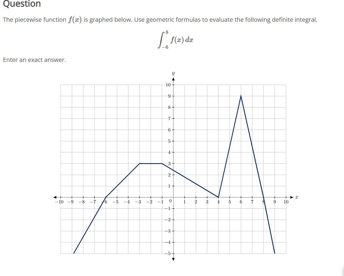 Question
The piecewise function f(x) is graphed below. Use geometric formulas to evaluate the following definite integral.
8
f(x) dx
-6
Enter an exact answer.
10 +
7-
6
4
3
-10 -9
-8
-7
6
-4
-3
-2
-1
1
2
3
4
6
9
10
1
-2
-3
-4
-5-
