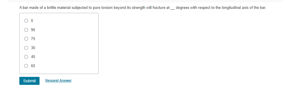 A bar made of a brittle material subjected to pure torsion beyond its strength will fracture at
degrees with respect to the longitudinal axis of the bar.
O 90
O 75
O 30
O 45
O 60
Submit
Request Answer
