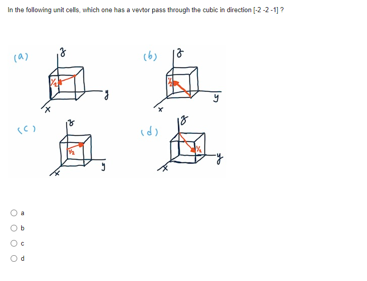 In the following unit cells, which one has a vevtor pass through the cubic in direction [-2 -2 -1] ?
包,向
廊“廊,
(a)
(b)
[V2
a
