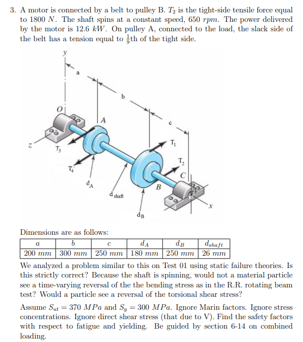 3. A motor is connected by a belt to pulley B. T, is the tight-side tensile force equal
to 1800 N. The shaft spins at a constant speed, 650 rpm. The power delivered
by the motor is 12.6 kW. On pulley A, connected to the load, the slack side of
the belt has a tension equal to th of the tight side.
b
T
T,
B
d shaft
Dimensions are as follows:
da
200 тm 300 тт | 250 тm |180 тm | 250 тm 26 тm
dB
dahaft
a
We analyzed a problem similar to this on Test 01 using static failure theories. Is
this strictly correct? Because the shaft is spinning, would not a material particle
see a time-varying reversal of the the bending stress as in the R.R. rotating beam
test? Would a particle see a reversal of the torsional shear stress?
Assume Sut = 370 MPa and Sy = 300 MPa. Ignore Marin factors. Ignore stress
concentrations. Ignore direct shear stress (that due to V). Find the safety factors
with respect to fatigue and yielding. Be guided by section 6-14 on combined
loading.
