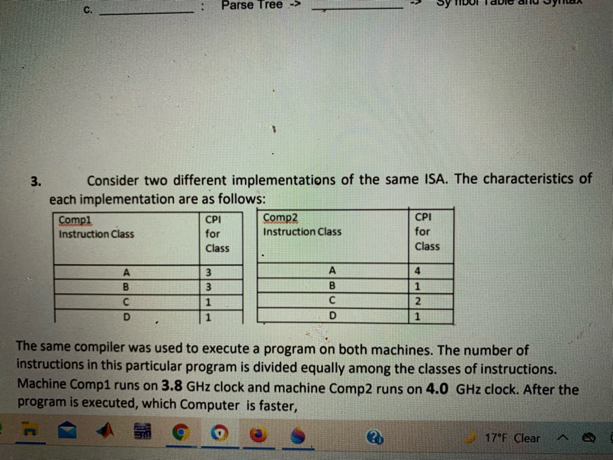 Parse Tree ->
С.
Consider two different implementations of the same ISA. The characteristics of
each implementation are as follows:
3.
Comp2
Instruction Class
CPI
Compl
Instruction Class
CPI
for
for
Class
Class
A
3
A
B
1
D
1
D
1
The same compiler was used to execute a program on both machines. The number of
instructions in this particular program is divided equally among the classes of instructions.
Machine Comp1 runs on 3.8 GHz clock and machine Comp2 runs on 4.0 GHz clock. After the
program is executed, which Computer is faster,
17°F Clear
