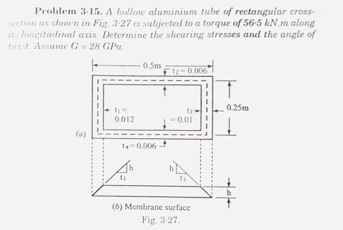 Problem 3.15. A hollow aluminium tube of rectangular cross-
section as shown in Fig. 3·27 is subjected to a torque of 56-5 kN.m along
its longitudinal axis. Determine the shearing stresses and the angle of
twist. Assume G = 28 GPa.
0.5m
t2 = 0.006
0.25m
t₁ =
0.012
0.01
(a)
h
t4=0.006
h
=
ti
13
(b) Membrane surface
Fig. 3.27.