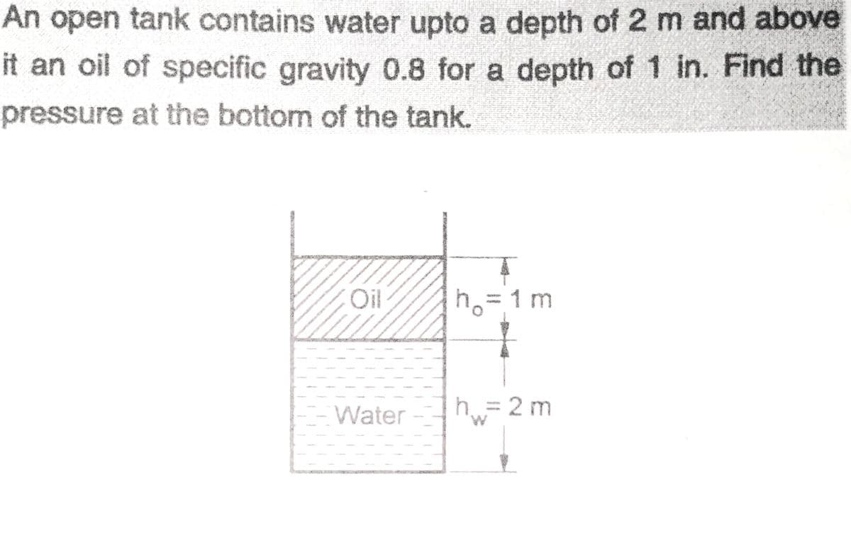 An open tank contains water upto a depth of 2 m and above
it an oil of specific gravity 0.8 for a depth of 1 in. Find the
pressure at the bottom of the tank.
h₂=1m
I
Water
2 m