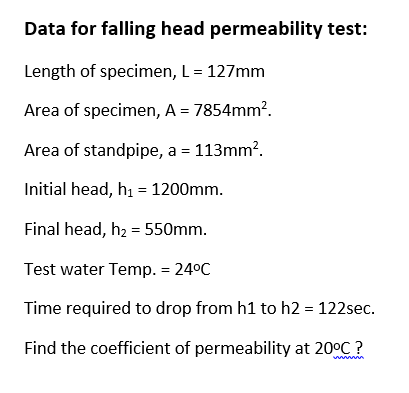 Data for falling head permeability test:
Length of specimen, L= 127mm
Area of specimen, A = 7854mm?.
Area of standpipe, a = 113mm?.
Initial head, h = 1200mm.
Final head, h2 = 550mm.
Test water Temp. = 24°C
Time required to drop from h1 to h2 = 122sec.
Find the coefficient of permeability at 20°C?
