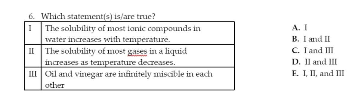 6. Which statement(s) is/are true?
I The solubility of most ionic compounds in
water increases with temperature.
II
The solubility of most gases in a liquid
increases as temperature decreases.
III
Oil and vinegar are infinitely miscible in each
other
A. I
B. I and II
C. I and III
D. II and III
E. I, II, and III