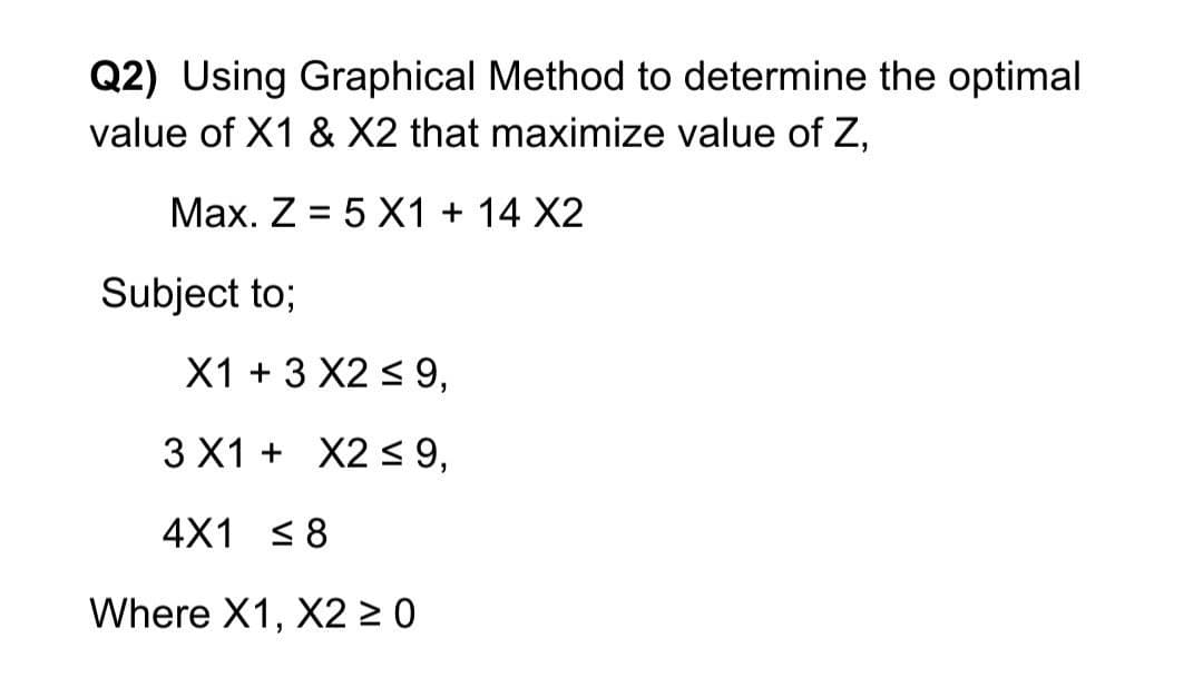 Q2) Using Graphical Method to determine the optimal
value of X1 & X2 that maximize value of Z,
Max. Z = 5 X1 + 14 X2
Subject to;
X1 + 3 X2 < 9,
3 X1 + X2 < 9,
4X1 <8
Where X1, X2 > 0
