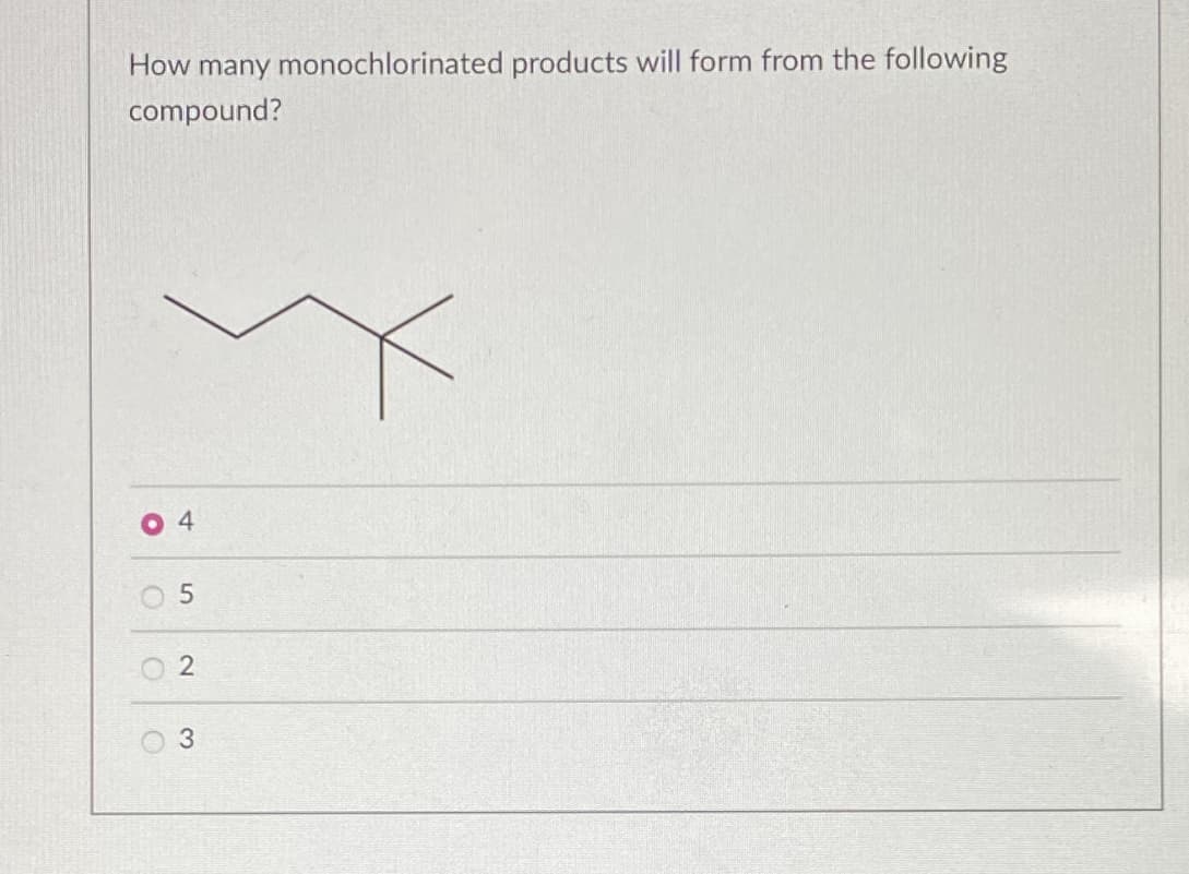 How many monochlorinated products will form from the following
compound?
04
O
5
2
3