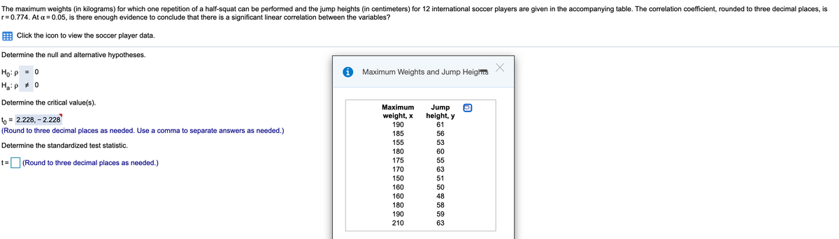 The maximum weights (in kilograms) for which one repetition of a half-squat can be performed and the jump heights (in centimeters) for 12 international soccer players are given in the accompanying table. The correlation coefficient, rounded to three decimal places, is
r= 0.774. At a = 0.05, is there enough evidence to conclude that there is a significant linear correlation between the variables?
Click the icon to view the soccer player data.
Determine the null and alternative hypotheses.
Ho:p = 0
Maximum Weights and Jump Heights
Ha:p + 0
Determine the critical value(s).
Maximum
Jump
height, y
weight, x
to
= 2.228, – 2.228
190
61
(Round to three decimal places as needed. Use a comma to separate answers as needed.)
185
56
155
53
Determine the standardized test statistic.
180
60
t=
(Round to three decimal places as needed.)
175
55
170
63
150
51
160
50
160
48
180
58
190
59
210
63
