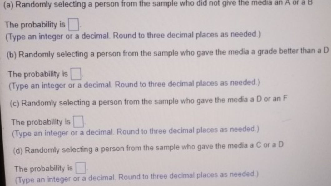 (a) Randomly selecting a person from the sample who did not give the media an A or a B
The probability isO
(Type an integer or a decimal. Round to three decimal places as needed.)
(b) Randomly selecting a person from the sample who gave the media a grade better than a D
The probability is
(Type an integer or a decimal. Round to three decimal places as needed.)
(c) Randomly selecting a person from the sample who gave the media a D or an F
The probability is
(Type an integer or a decimal. Round to three decimal places as needed.)
(d) Randomly selecting a person from the sample who gave the media a C or a D
The probability is
(Type an integer or a decimal. Round to three decimal places as needed)
