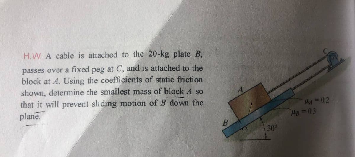 H.W. A cable is attached to the 20-kg plate B,
passes over a fixed peg at C, and is attached to the
block at A. Using the coefficients of static friction
shown, determine the smallest mass of block A so
that it will prevent sliding motion of B down the
plane.
HA=0,2
HB=0.3
30°
