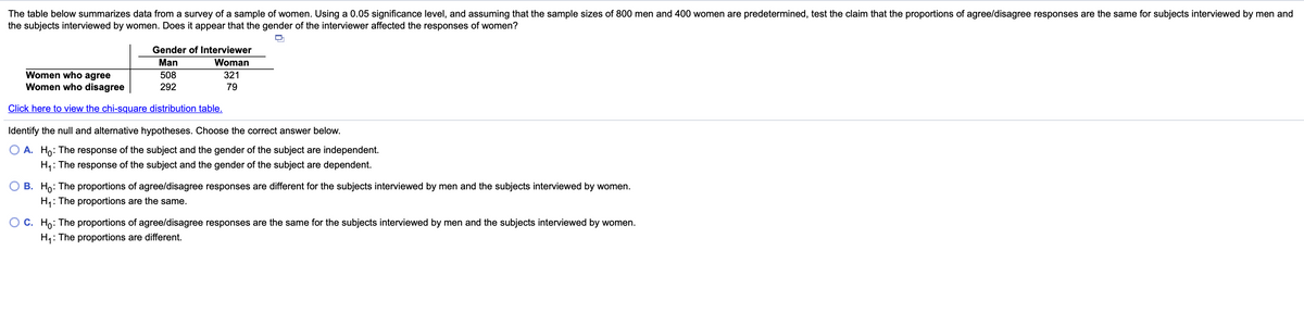 The table below summarizes data from a survey of a sample of women. Using a 0.05 significance level, and assuming that the sample sizes of 800 men and 400 women are predetermined, test the claim that the proportions of agree/disagree responses are the same for subjects interviewed by men and
the subjects interviewed by women. Does it appear that the gender of the interviewer affected the responses of women?
Gender of Interviewer
Man
Woman
Women who agree
Women who disagree
508
321
292
79
Click here to view the chi-square distribution table.
Identify the null and alternative hypotheses. Choose the correct answer below.
O A. Ho: The response of the subject and the gender of the subject are independent.
H4: The response of the subject and the gender of the subject are dependent.
O B. Ho: The proportions of agree/disagree responses are different for the subjects interviewed by men and the subjects interviewed by women.
H4: The proportions are the same.
O C. Ho: The proportions of agree/disagree responses are the same for the subjects interviewed by men and the subjects interviewed by women.
H4: The proportions are different.
