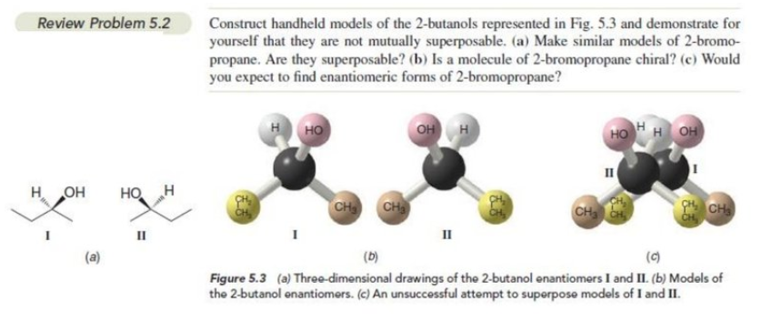 Review Problem 5.2
Construct handheld models of the 2-butanols represented in Fig. 5.3 and demonstrate for
yourself that they are not mutually superposable. (a) Make similar models of 2-bromo-
propane. Are they superposable? (b) Is a molecule of 2-bromopropane chiral? (c) Would
you expect to find enantiomeric forms of 2-bromopropane?
H
но
OH H
HO HH OH
OH
HO H
CH
CH
CH
C CH
CH
II
II
(a)
(b)
(c)
Figure 5.3 (a) Three-dimensional drawings of the 2-butanol enantiomers I and II. (b) Models of
the 2-butanol enantiomers. (c) An unsuccessful attempt to superpose models of I and II.
