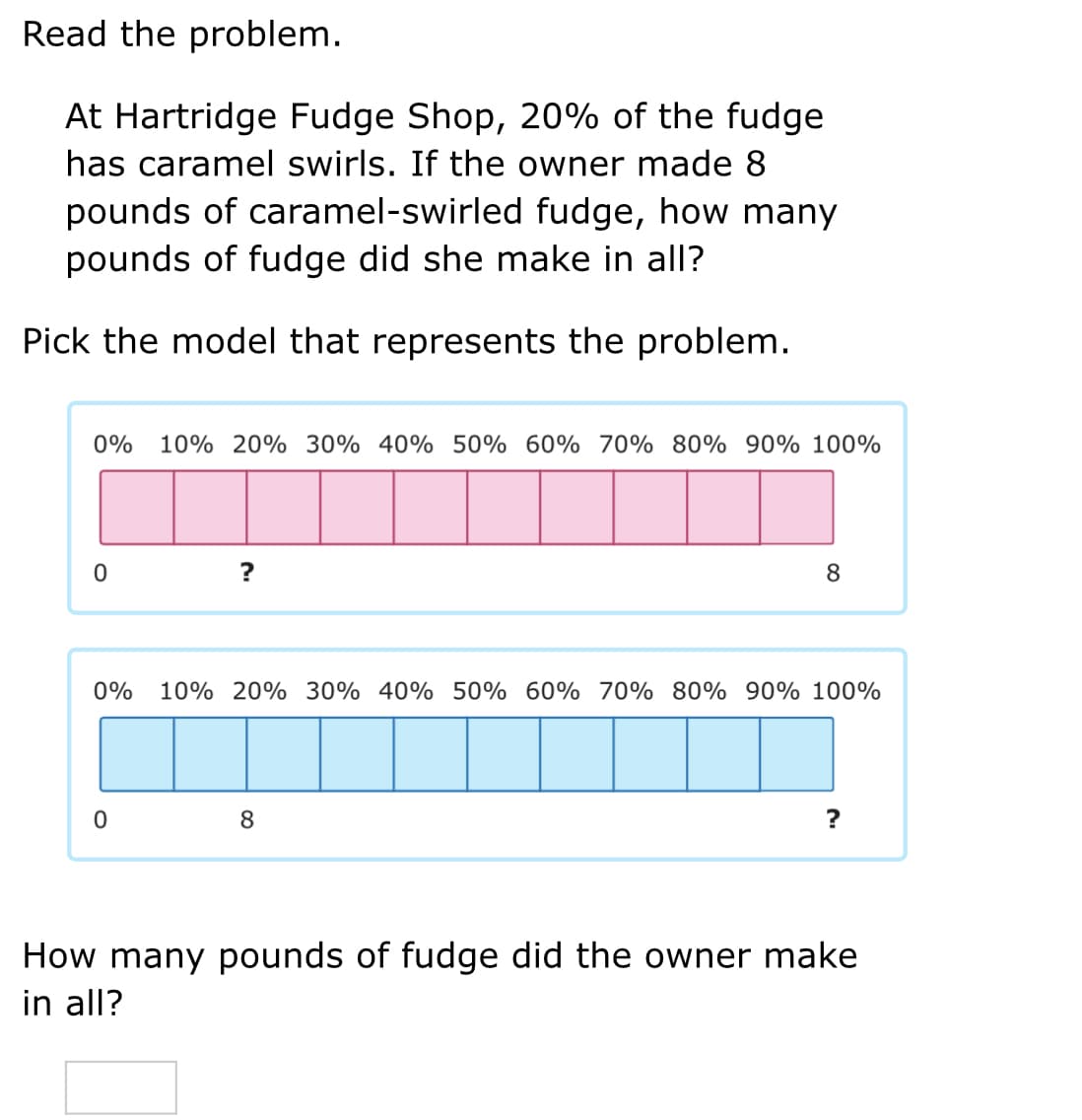 Read the problem.
At Hartridge Fudge Shop, 20% of the fudge
has caramel swirls. If the owner made 8
pounds of caramel-swirled fudge, how many
pounds of fudge did she make in all?
Pick the model that represents the problem.
0%
10% 20% 30% 40% 50% 60% 70% 80% 90% 100%
?
8
0%
10% 20% 30% 40% 50% 60% 70% 80% 90% 100%
8
?
How many pounds of fudge did the owner make
in all?
