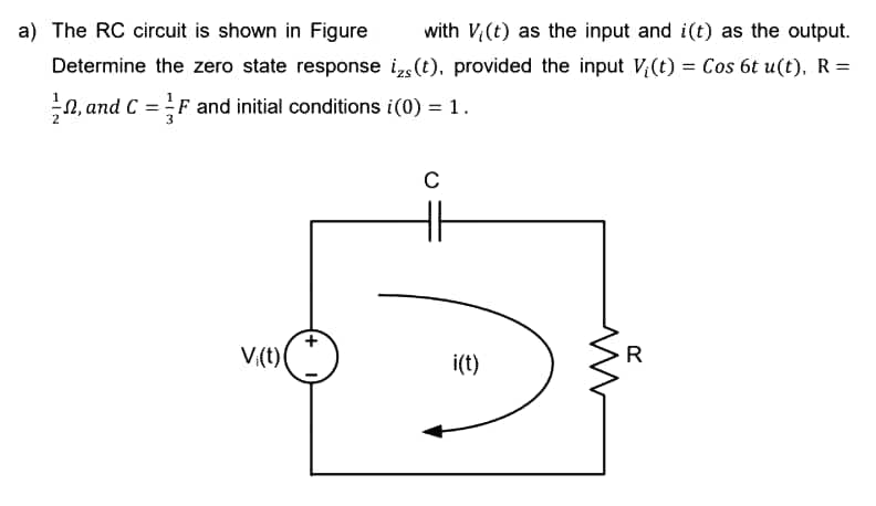 a) The RC circuit is shown in Figure
with V,(t) as the input and i(t) as the output.
Determine the zero state response iz,(t), provided the input V(t) = Cos 6t u(t), R=
n, and C =F and initial conditions i(0) = 1.
%3D
H
V,(t)
i(t)
R
