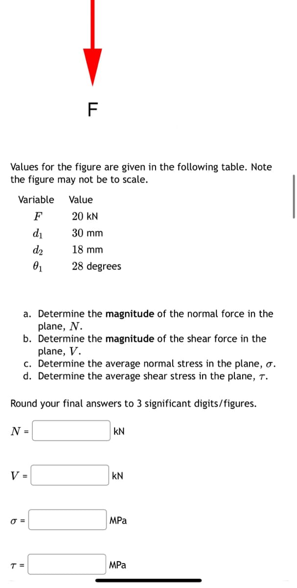 Values for the figure are given in the following table. Note
the figure may not be to scale.
Variable Value
F
20 KN
d₁
30 mm
d₂
18 mm
0₁
28 degrees
a. Determine the magnitude of the normal force in the
plane, N.
b. Determine the magnitude of the shear force in the
plane, V.
c. Determine the average normal stress in the plane, o.
d. Determine the average shear stress in the plane, T.
Round your final answers to 3 significant digits/figures.
N =
F
V =
0 =
T =
KN
KN
MPa
MPa