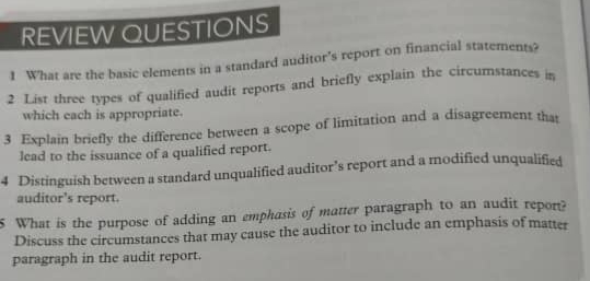 REVIEW QUESTIONS
I What are the basic elements in a standard auditor's report on financial statemento
2 List three types of qualificd audit reports and briefly explain the circumstances in
which each is appropriate.
lead to the issuance of a qualified report.
- Distinguish between a standard unqualified auditor's report and a modified unqualified
auditor's report.
S What is the purpose of adding an emphasis of matter paragraph to an audit repor
Discuss the circumstances that may cause the auditor to include an emphasis of matter
paragraph in the audit report.
