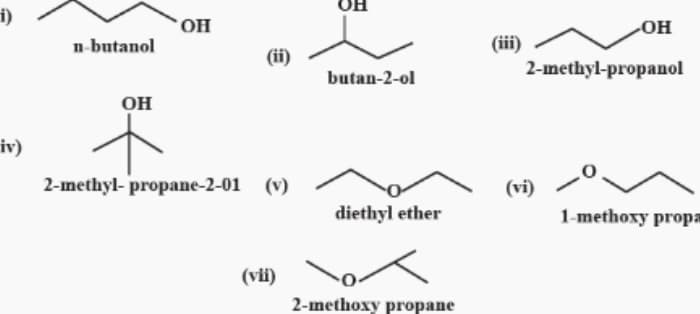 i)
OH
(iii)
2-methyl-propanol
n-butanol
(ii)
butan-2-ol
OH
iv)
2-ınethyl- propane-2-01 (v)
(vi)
1-methoxy propa
diethyl ether
(vii)
2-methoxy propane
