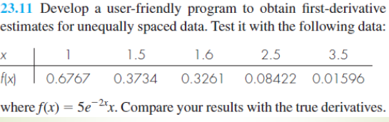 23.11 Develop a user-friendly program to obtain first-derivative
estimates for unequally spaced data. Test it with the following data:
1.5
1.6
2.5
3.5
f(x)
0.6767
0.3734
0.3261
0.08422 0.01596
where f(x) = 5e2x. Compare your results with the true derivatives.
