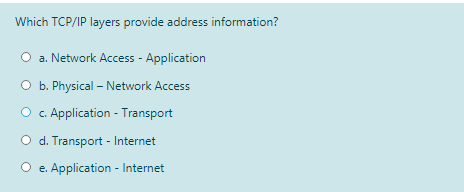 Which TCP/IP layers provide address information?
O a. Network Access - Application
O b. Physical – Network Access
O c. Application - Transport
O d. Transport - Internet
O e. Application - Internet

