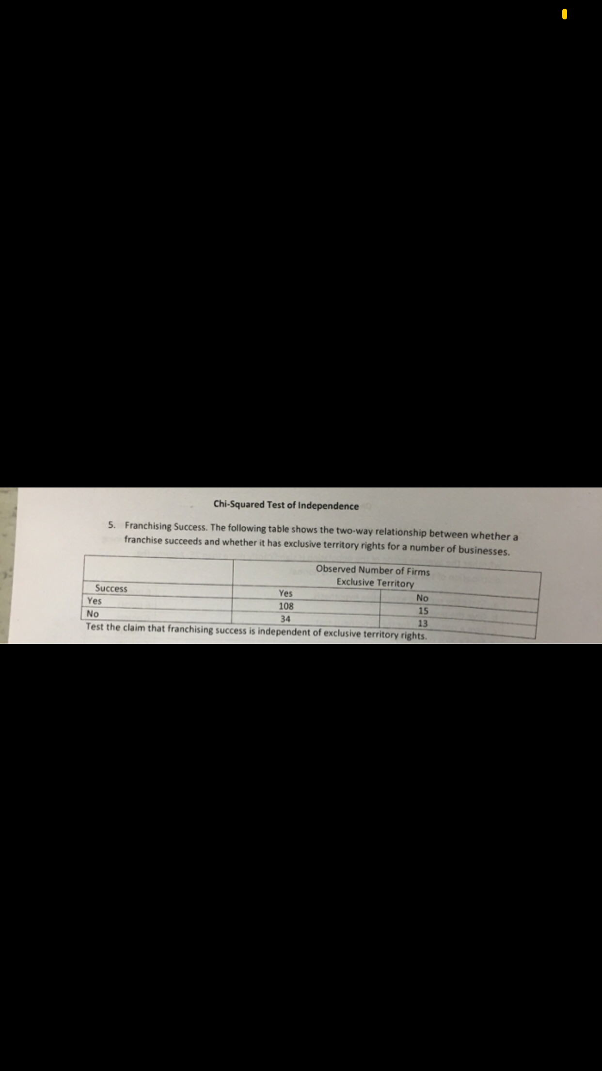 Chi-Squared Test of Independence
5. Franchising Success. The following table shows the two-way relationship between whether a
franchise succeeds and whether it has exclusive territory rights for a number of businesses.
Observed Number of Firms
Exclusive Territory
Success
Yes
No
Yes
108
15
No
34
13
Test the claim that franchising success is independent of exclusive territory rights.
