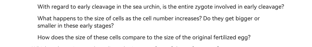 With regard to early cleavage in the sea urchin, is the entire zygote involved in early cleavage?
What happens to the size of cells as the cell number increases? Do they get bigger or
smaller in these early stages?
How does the size of these cells compare to the size of the original fertilized egg?