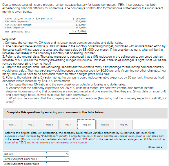 Due to erratic sales of Its sole product-a high-capacity battery for laptop computers-PEM, Incorporated, has been
experlencing financial difficulty for some time. The company's contribution format Income statement for the most recent
month Is given below:
Sales (13,280 units x $28 per unit)
Variable expenses
Contribution margin
Fixed expenses
$ 264,809
132,000
132,000
147,880
Net operating loss
$ (15,000)
Required:
1. Compute the company's CM ratio and Its break-even point in unit sales and dollar sales.
2 The president believes that a $6.100 Increase in the monthly advertising budget, combined with an Intensified effort by
the sales staff, will Increase unit sales and the total sales by $61,000 per month. If the president is right, what will be the
Increase (decrease) In the company's monthly net operating Income?
3. Refer to the original data. The sales manager is convinced that a 10% reduction In the selling price, combined with an
Increase of $33,000 in the monthly advertising budget, will double unit sales. If the sales manager Is right, what will be the
revised net operating Income (loss)?
4. Refer to the orlginal data. The Marketing Department thinks that a fancy new package for the laptop computer battery
would grow sales. The new package would Increase packaging costs by $0.50 per unit. Assuming no other changes, how
many units would have to be sold each month to attaln a target profit of $4,700?
5. Refer to the orlglinal data. By automating. the company could reduce varlable expenses by $3 per unit. However, fixed
expenses would Increase by $54,000 each month.
a. Compute the new CM ratio and the new break-even polnt in unit sales and dollar sales.
b. Assume that the company expects to sell 20,800 units next month. Prepare two contribution format income
statements, one assuming that operations are not automated and one assuming that they are. (Show data on a per unit
and percentage basis, as well as in total, for each alternative.)
c. Would you recommend that the company automate Its operations (Assuming that the company expects to sell 20,800
units)?
Complete this question by entering your answers in the tabs below.
Req 1
Req 2
Req 3
Req 4
Req SA
Req 58
Reg 5C
Refer to the original data. By automating, the company could reduce variable expenses by $3 per unit. However, fixed
expenses would increase by $54,000 each month. Compute the new CM ratio and the new break-even point in unit sales and
dollar sales. (Do not round intermediate calculations. Round "CM ratio" to the nearest whole percentage (i.e., 0.234 should be
entered as "23") and other answers to the nearest whole number.)
Show less aA
CM ratio
Break-even point in unit sales
Break-even point in dollar sales
