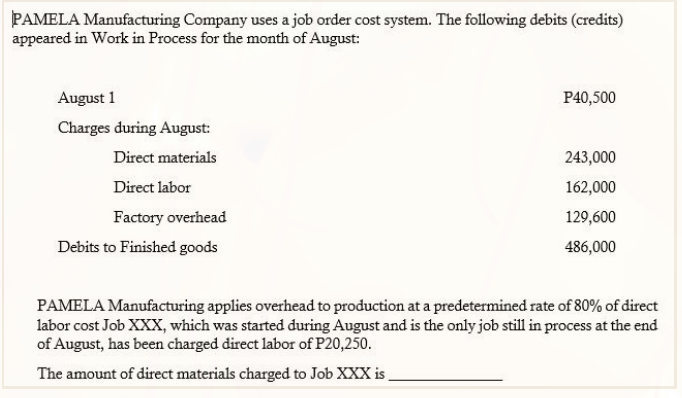 PAMELA Manufacturing Company uses a job order cost system. The following debits (credits)
appeared in Work in Process for the month of August:
August 1
P40,500
Charges during August:
Direct materials
243,000
Direct labor
162,000
Factory overhead
129,600
Debits to Finished goods
486,000
PAMELA Manufacturing applies overhead to production at a predetermined rate of 80% of direct
labor cost Job XXX, which was started during August and is the only job still in process at the end
of August, has been charged direct labor of P20,250.
The amount of direct materials charged to Job XXX is

