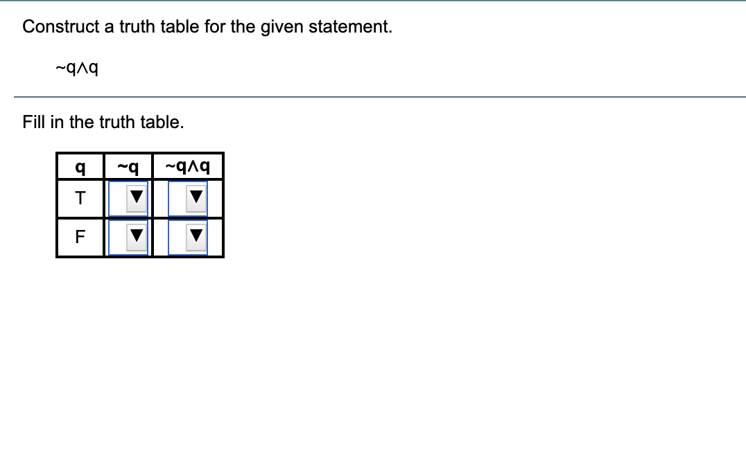 Construct a truth table for the given statement.
byb-
Fill in the truth table.
T
F
