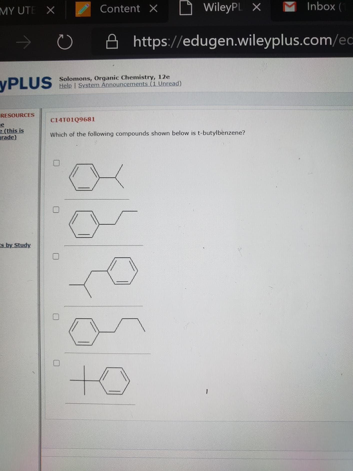 Which of the following compounds shown below is t-butylbenzene?
